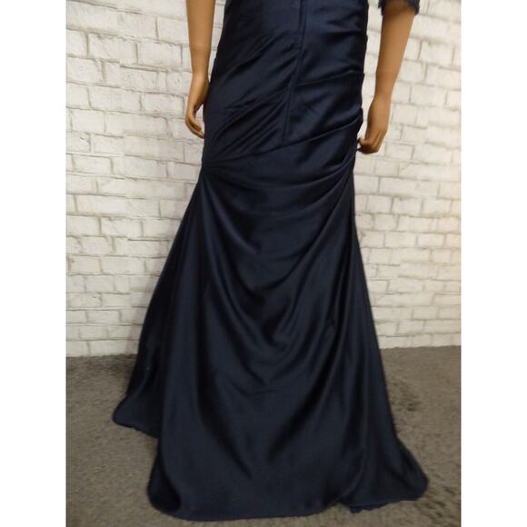 $558 La Femme 30138 Navy Blue Satin Ruched Trumpet Illusion Gown 12 NEW - Picture 15 of 16
